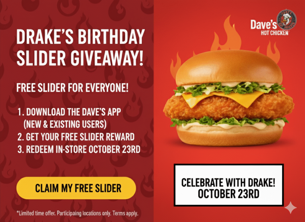 Dave's Hot Chicken FREE SLIDER Offer 23rd October 2025 Guide